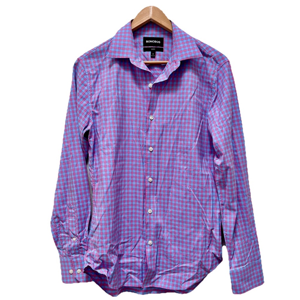 Bonobos Mens Slim Fit Button Down Shirt Small Pink Blue Checkered S Preppy Slim